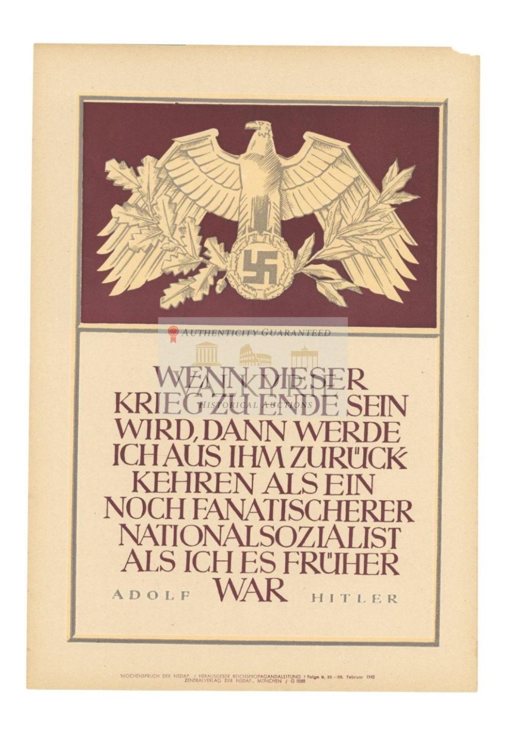 Lot 456: Nazi Propaganda Poster of the Wochenspruch der NSDAP With Quotation of Adolf Hitler