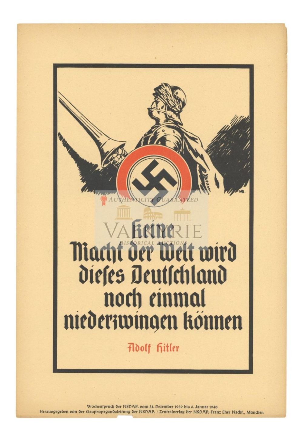 Lot 458: Nazi Propaganda Poster of the Wochenspruch der NSDAP With Quotation of Adolf Hitler
