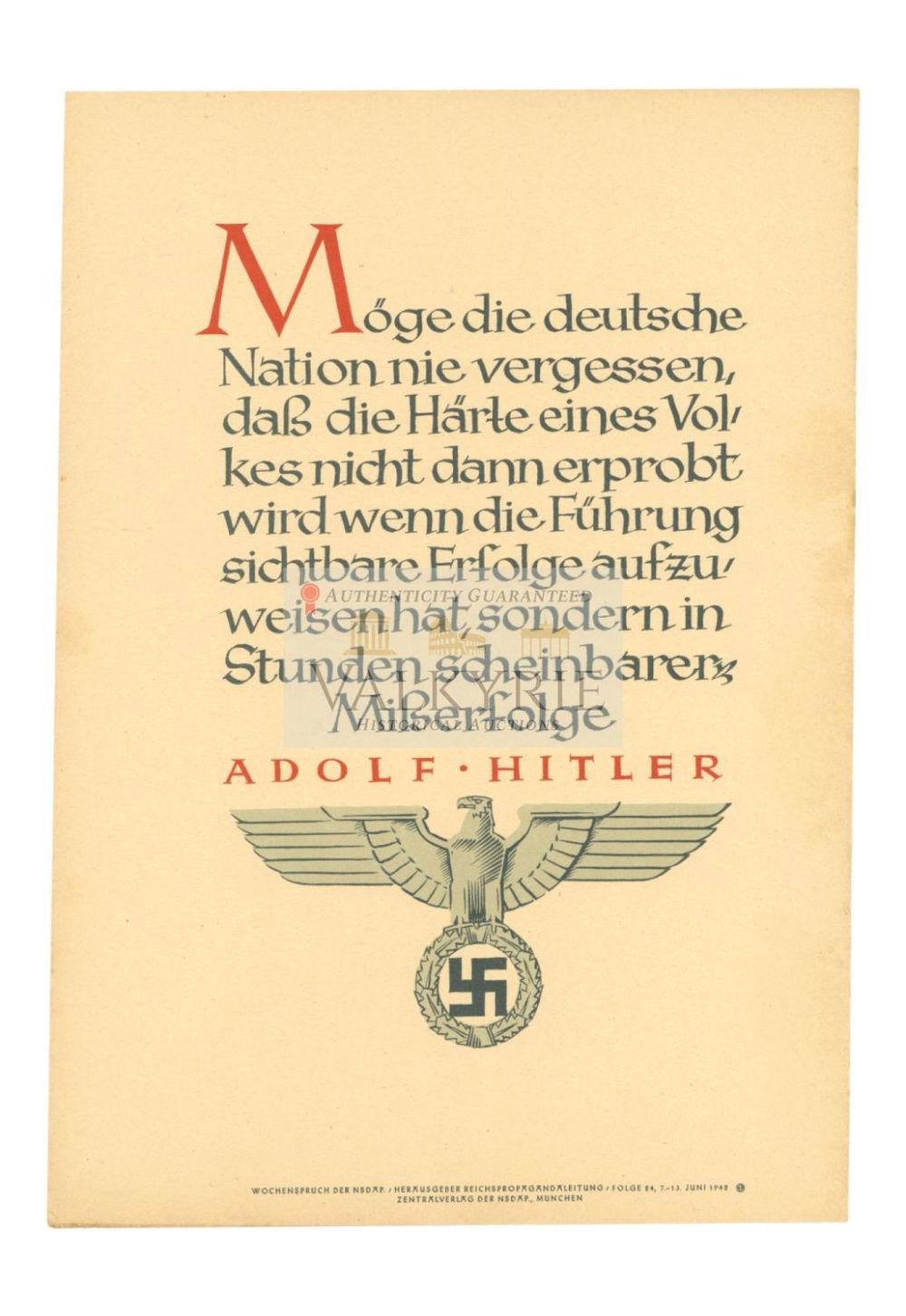 Lot 459: Nazi Propaganda Poster of the Wochenspruch der NSDAP With Quotation of Adolf Hitler