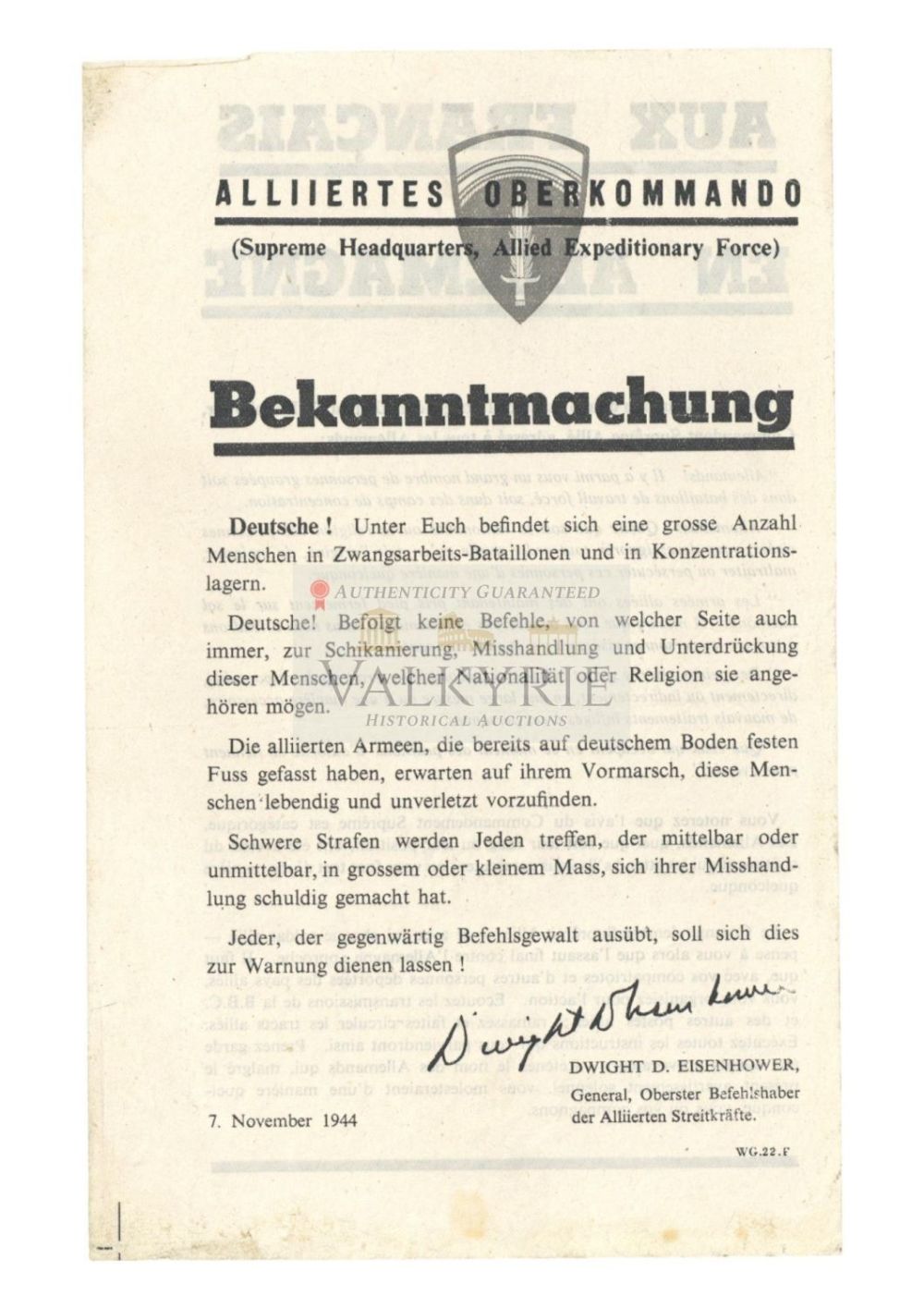 Lot 461: Allied War Leaflet - Eisenhower Message to Nazi Soldiers about Concentration Camps and Slaves