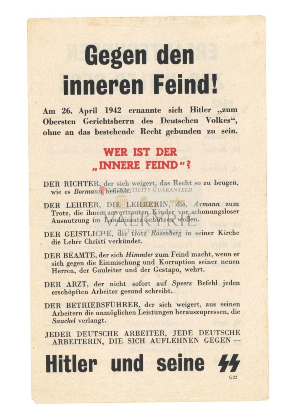 Lot 462: Allied Anti-Nazi Propaganda Leaflet - Against the Inner Enemy! 1942