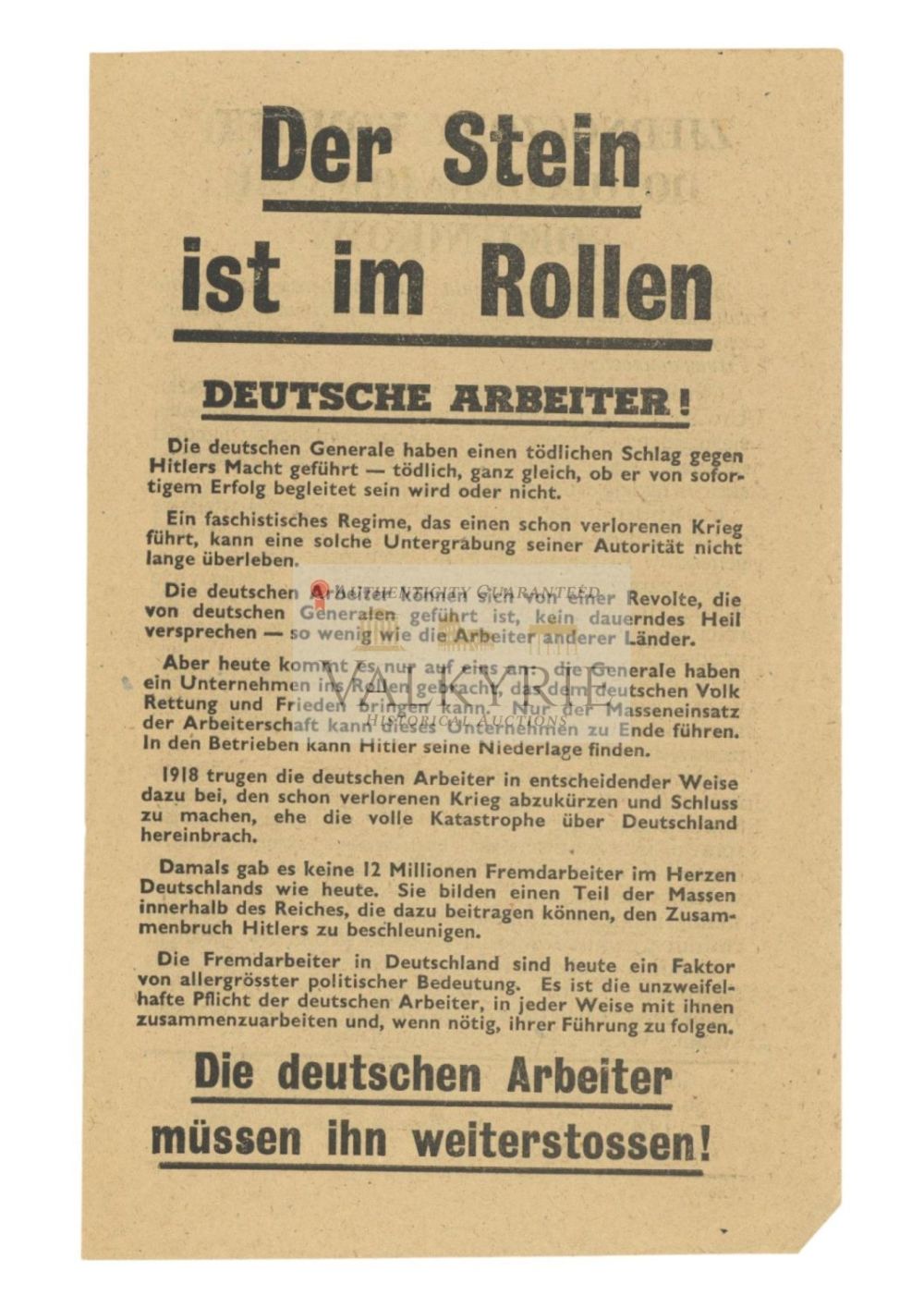 Lot 464: Allied anti-Nazi War Propaganda Leaflet - "The Stone is Rolling. German Workers and Polish Workers!"
