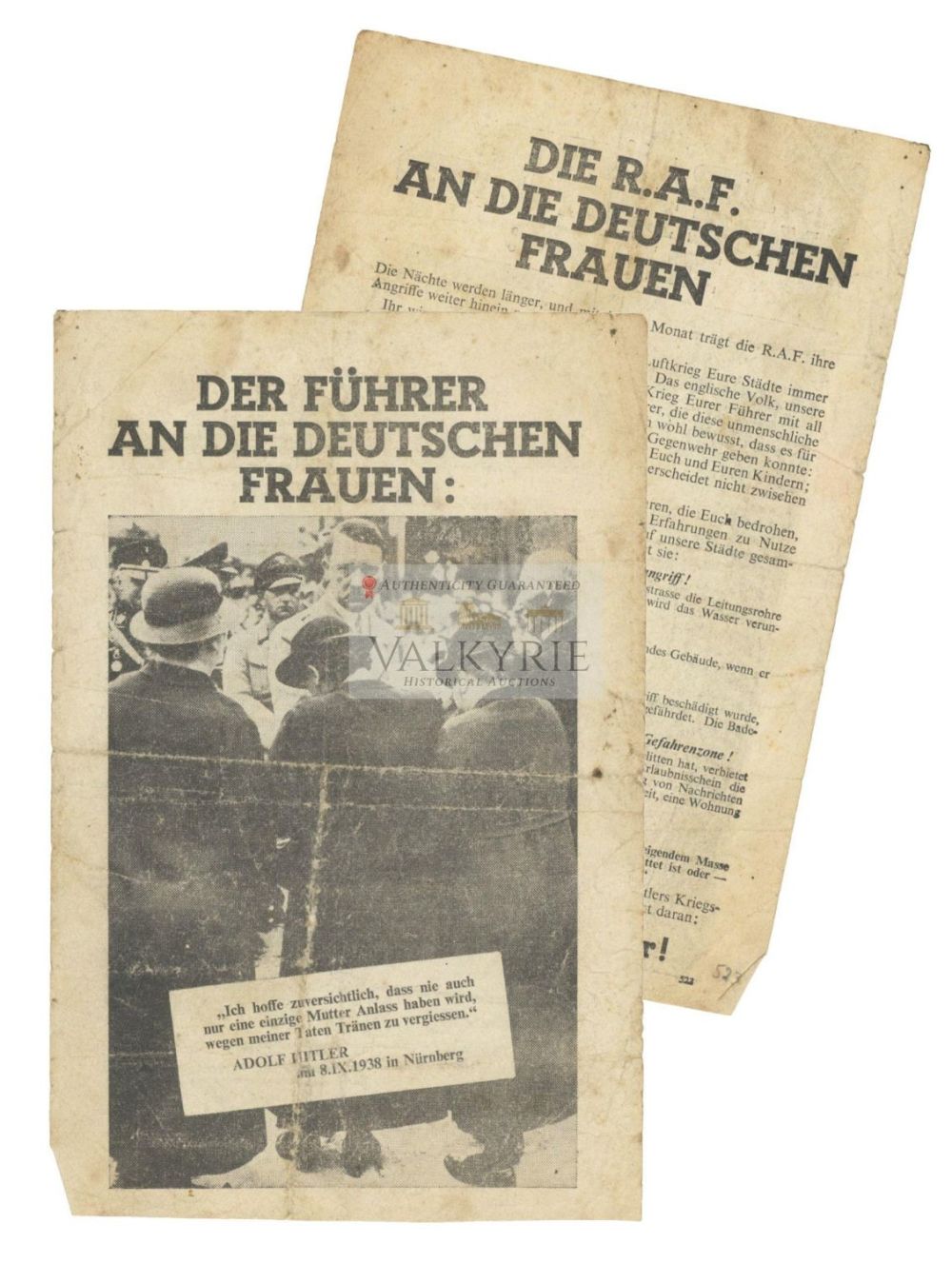 Lot 465: Allied anti-Nazi War Propaganda Leaflet - "The RAF to German Women" 1945
