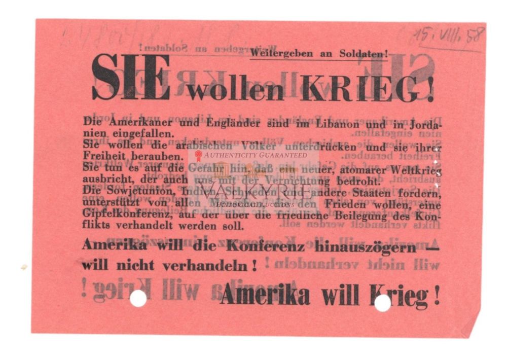 Lot 466: Nazi anti-American War Propaganda Leaflet - "They Want War! America Wants War!"