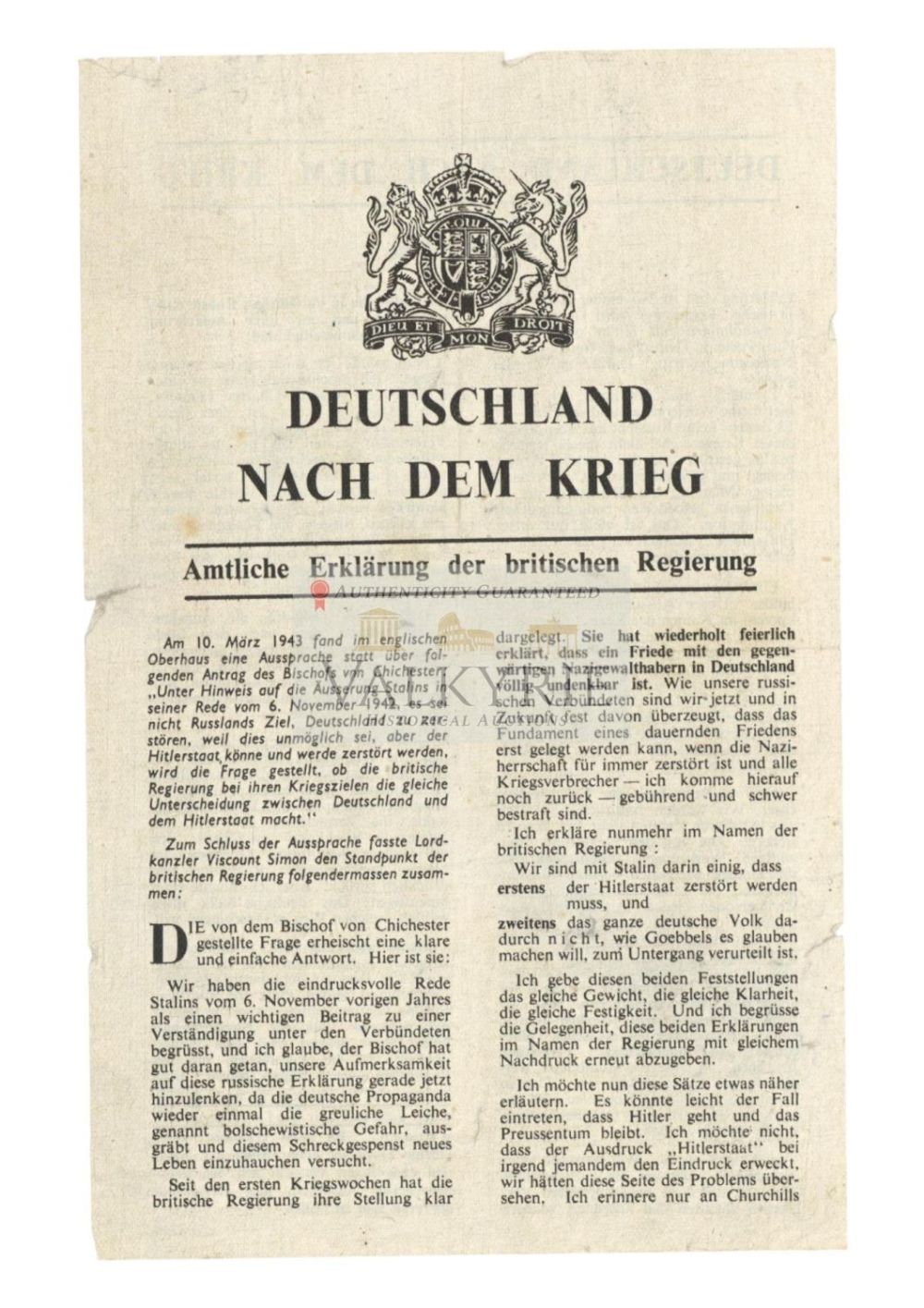 Lot 468: Allied anti-Nazi War Propaganda Leaflet - "Germany After The War. Message From British Government"