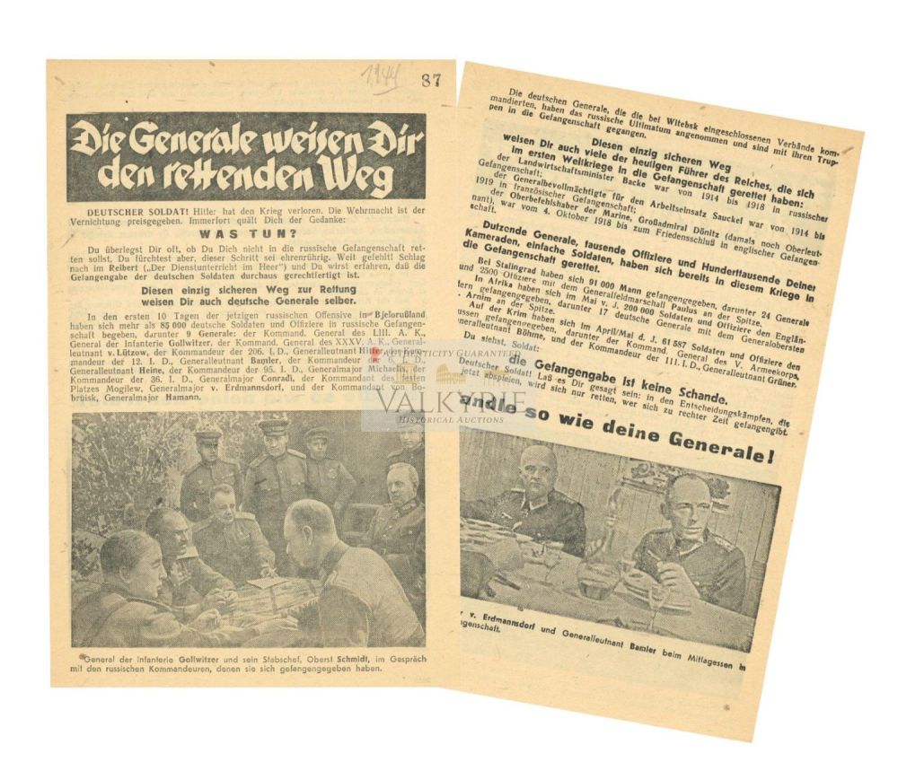 Lot 474: Red Army Propaganda Leaflet to Encourage German Soldiers to Surrender  "Act Like Your Generals!"
