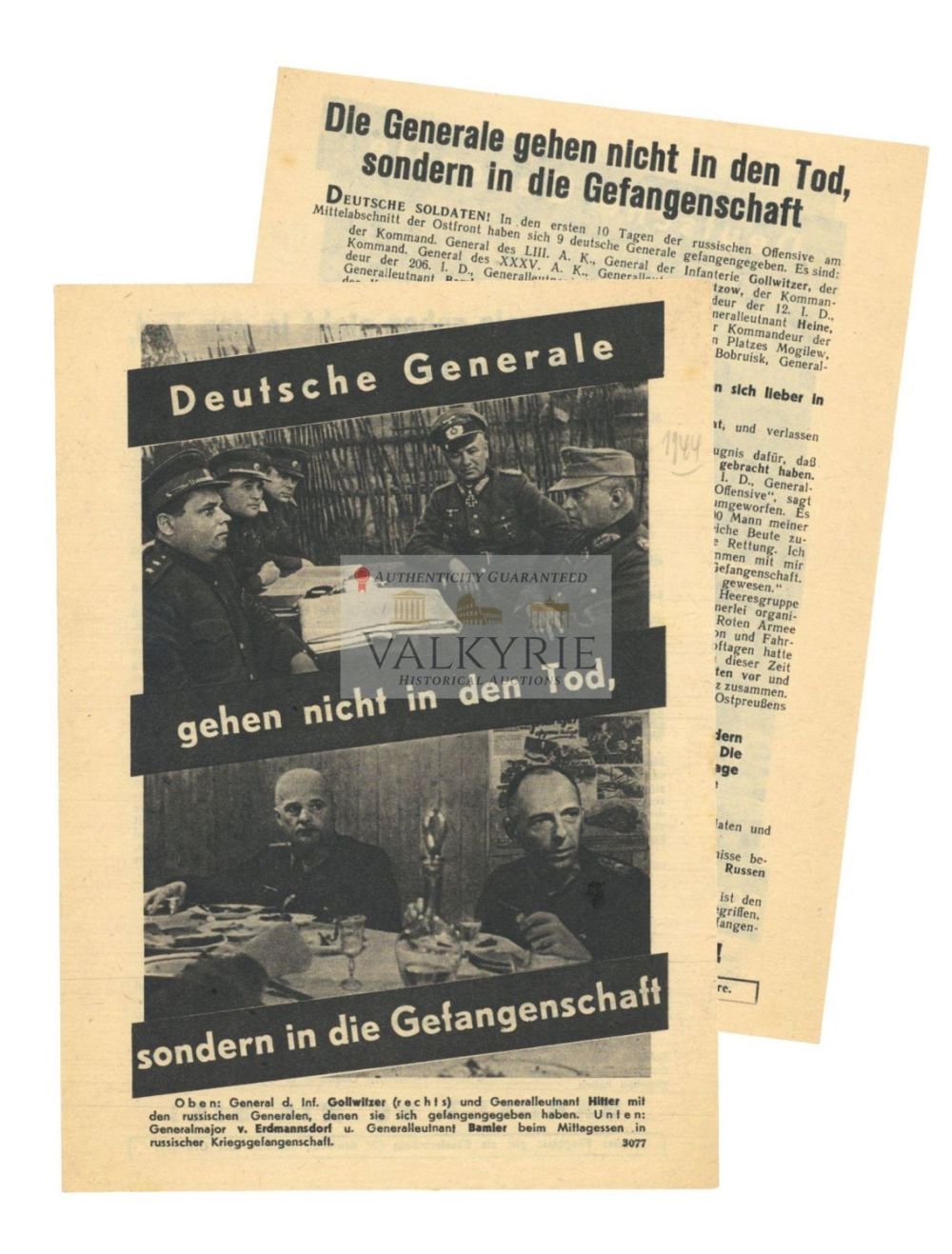 Lot 475: Red Army Propaganda Leaflet to Encourage German Soldiers to Surrender "German Generals"