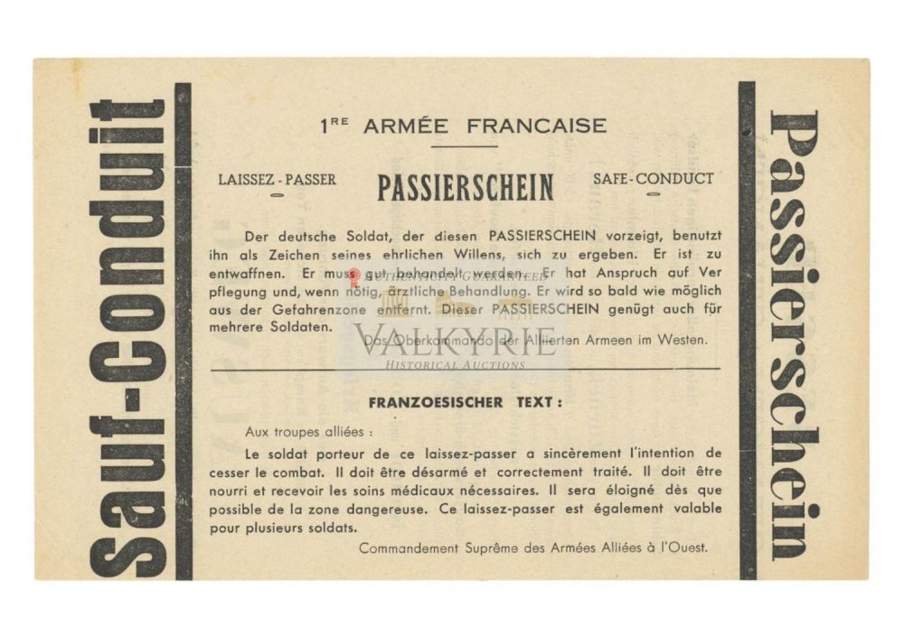 Lot 481: French Anti-Nazi War Propaganda Leaflet to Surrender to Allies - "Better Prisoner than Hanged"