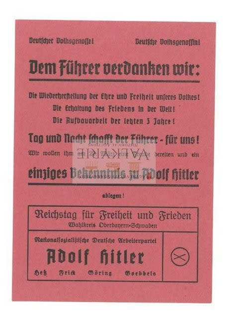 Lot 482: German Elections Voting Ballot for Adolf Hitler as Chancellor for NSDAP