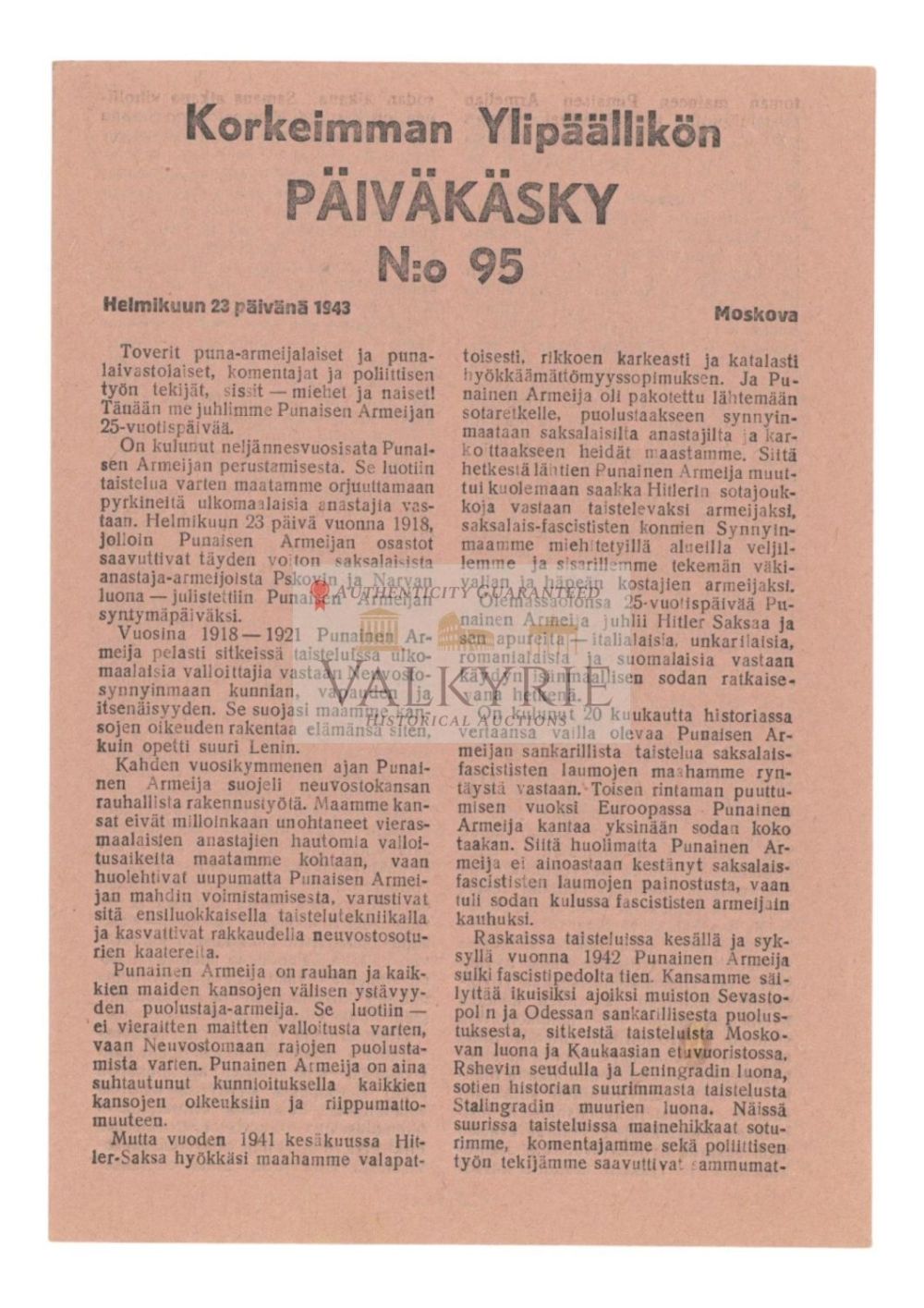 Lot 483: Red Army War Propaganda Leaflet With Stalin Message in Finnish 1943