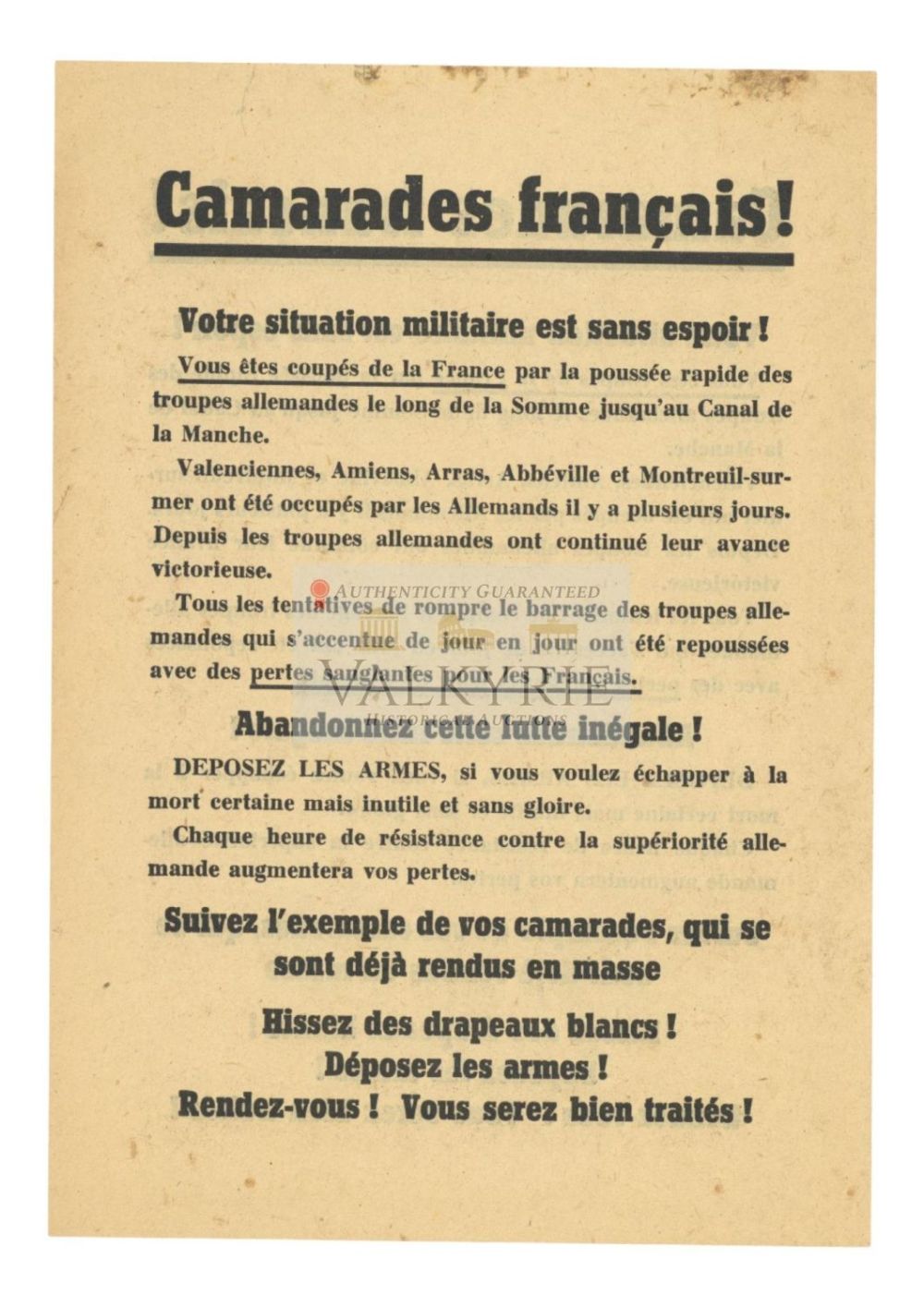 Lot 484: German War Propaganda Leaflet that Encourages French Soldiers to Surrender