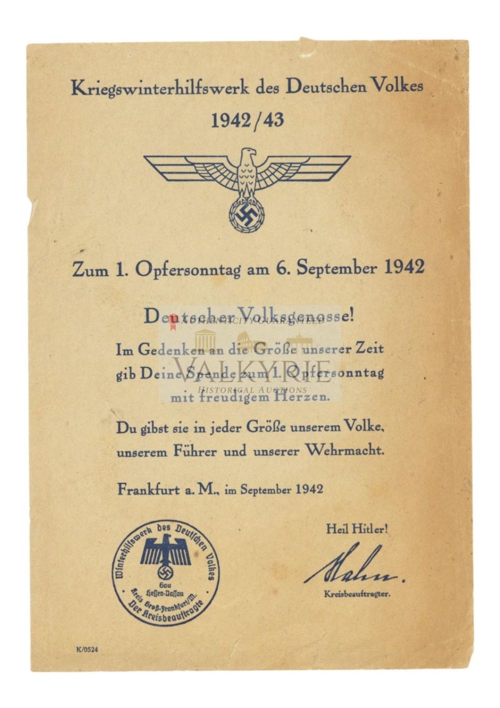 Lot 485: German Propaganda Leaflet to Raise Funds for the WHW in 1942/43