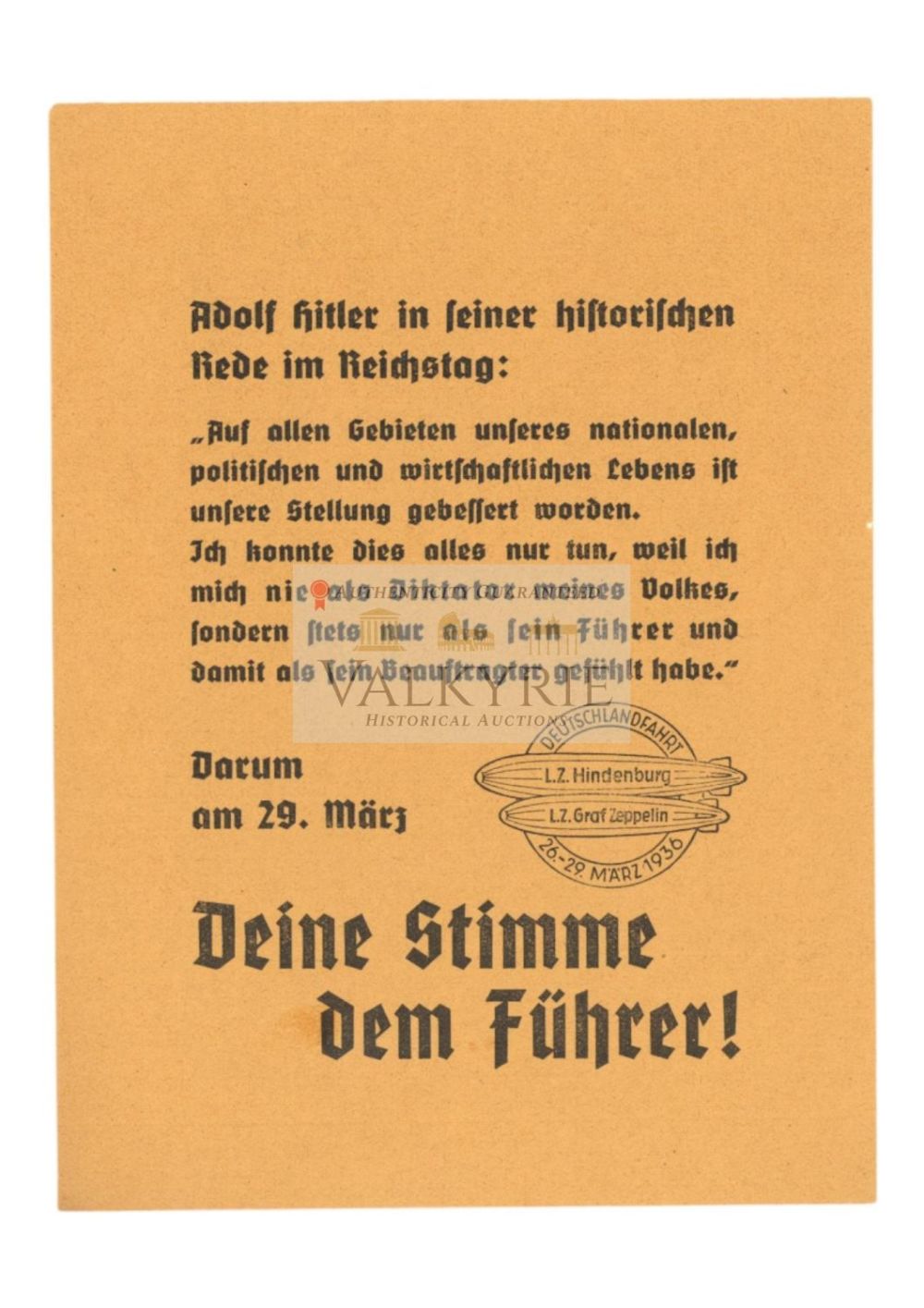 Lot 488: Nazi Political Propaganda Leaflet With Quotation of Adolf Hitler 1936 "Your Vote for the FÃ¼hrer!"