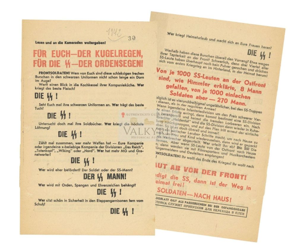 Lot 489: Red Army Propaganda Leaflet to Encourage German Soldiers to Surrender "SS Better Treated than WH"