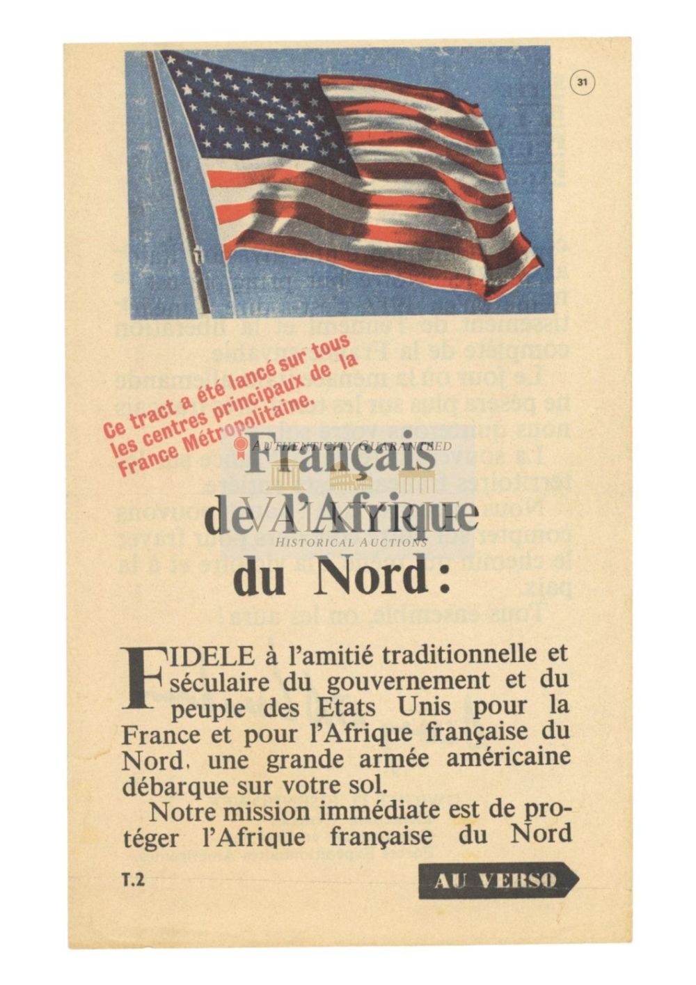 Lot 494: American War Propaganda Leaflet for French African Territories - "Message from Dwight Eisenhower"
