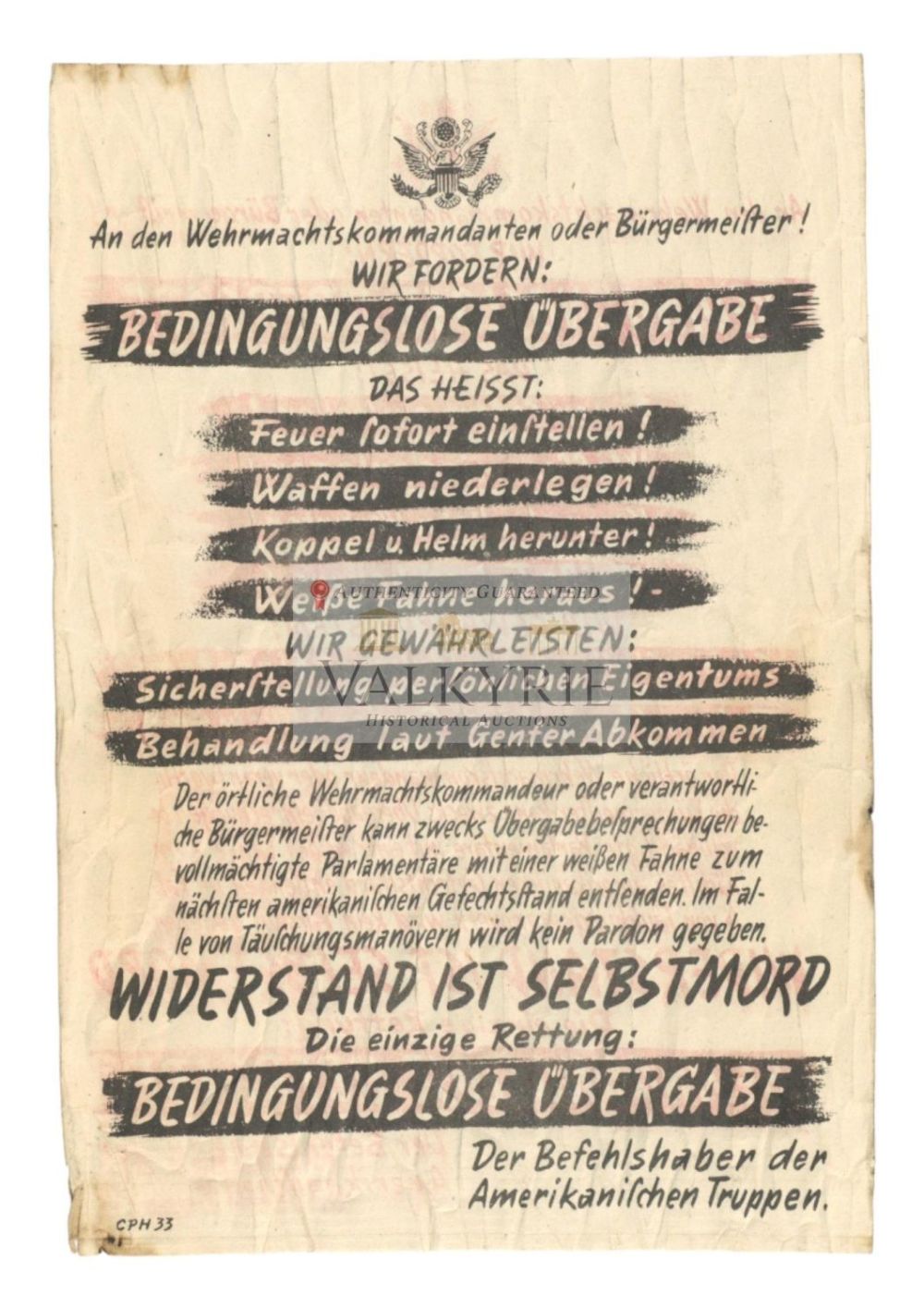 Lot 497: American Anti-Nazi War Propaganda Leaflet - "Unconditional Surrender"