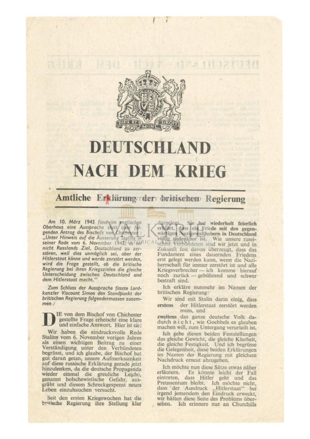 Lot 498: Allied anti-Nazi War Propaganda Leaflet - "Germany After The War. Message From British Government"