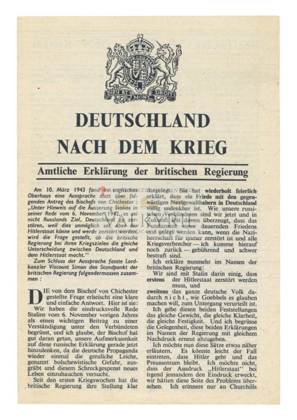 Lot 499: Allied anti-Nazi War Propaganda Leaflet - "Germany After The War. Message From British Government"