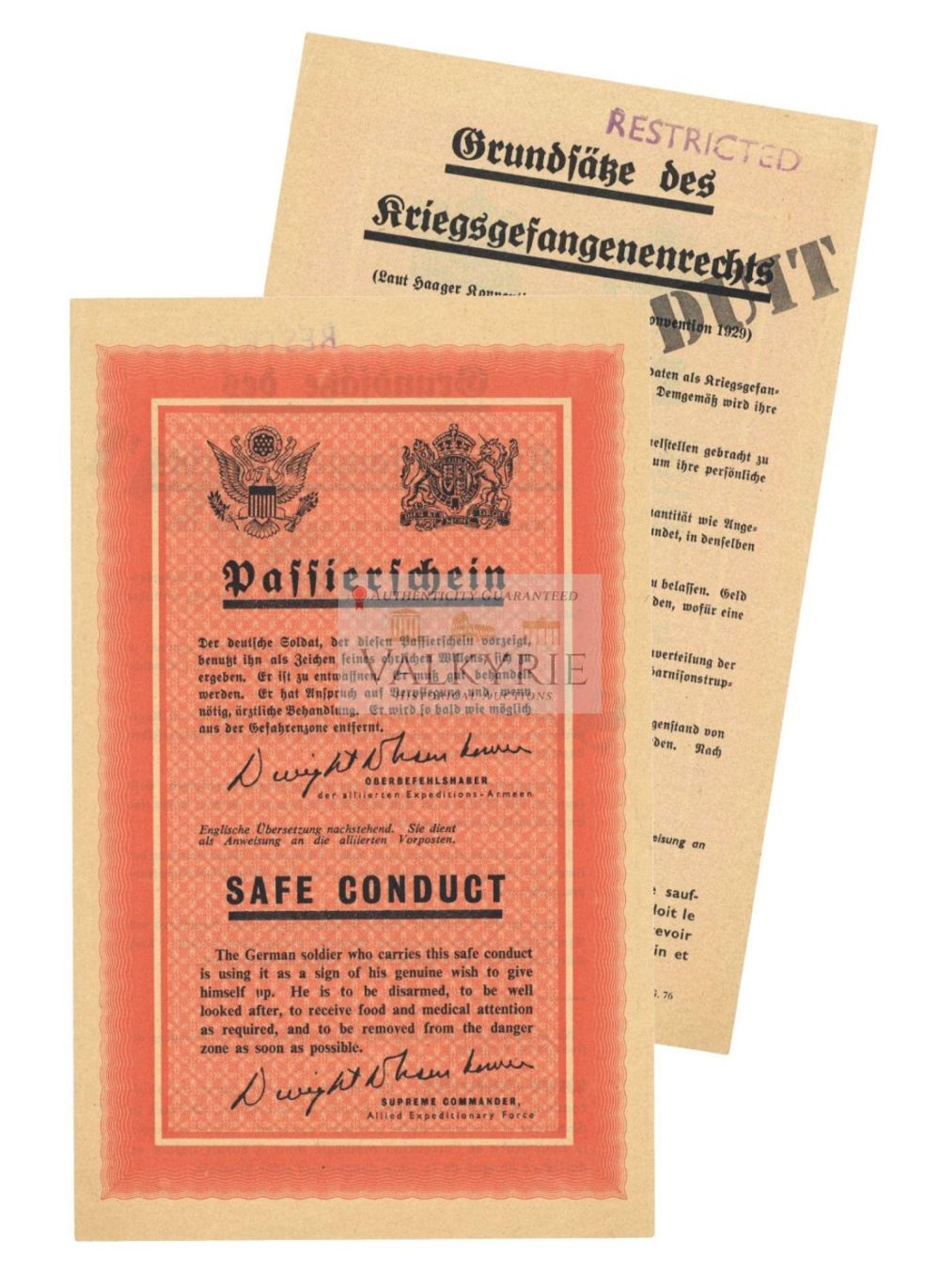 Lot 500: Allied Printed Safe-Conduct Pass for German Soldiers that Surrendered - Also in French