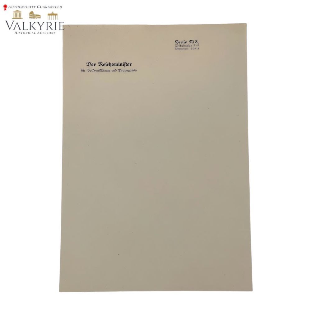 Lot 513: Joseph Goebbels Letterhead - Unused