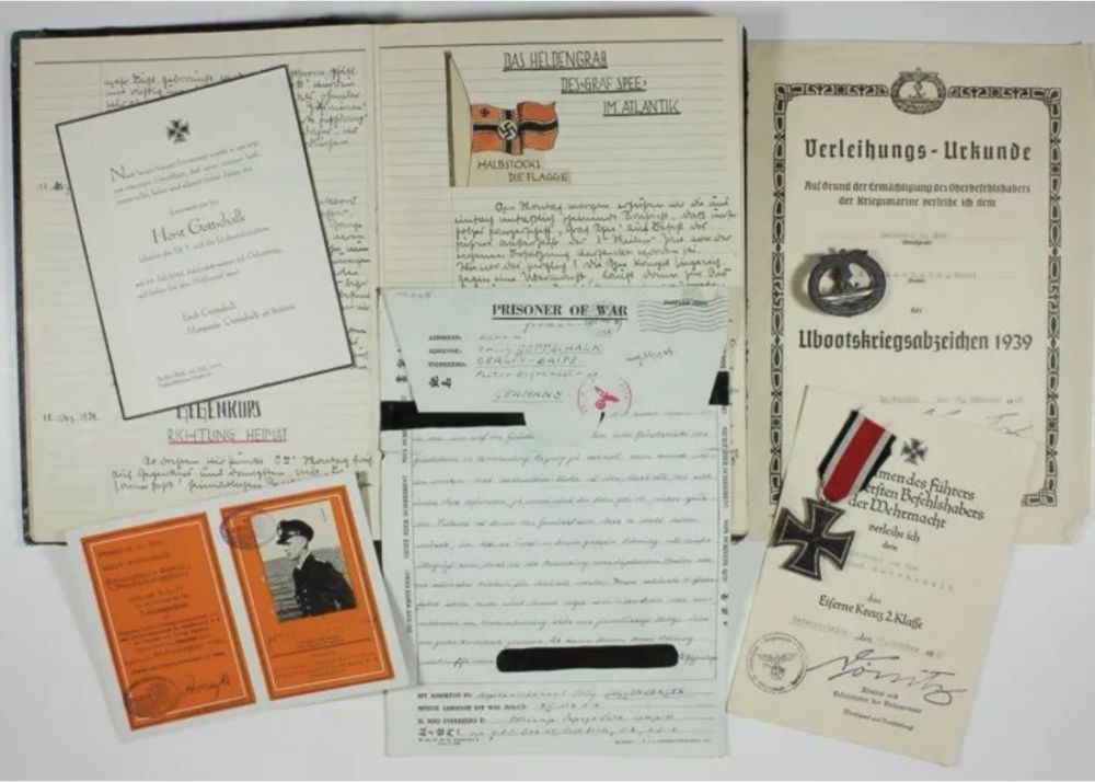 Lot 516: K.I.A. U-513 OFFICER'S TRAINING LOG, AWARDS, AND DEATH