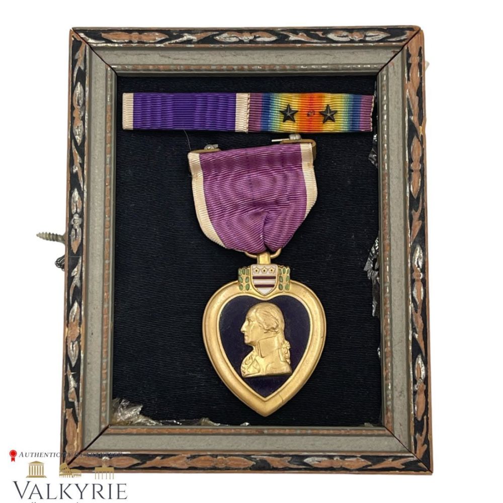 Lot 522: Framed US Military Medal of Honor War Damaged Purple Heart with two Ribbon Bars