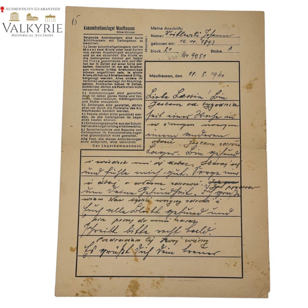 Lot 533: Letter Sent by Prisoner of KL Mauthausen in 1940
