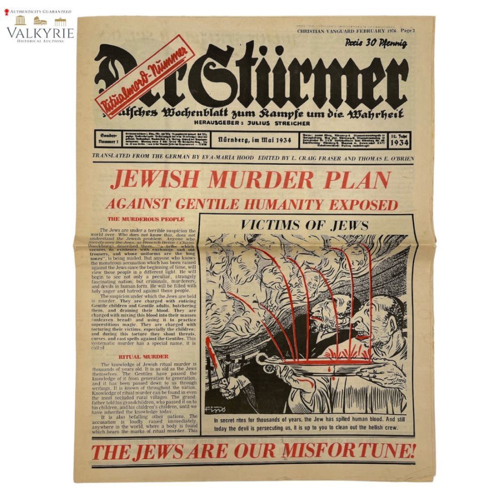 Lot 539: Antisemitic Newspaper Der Sturmer - Rare English Version !
