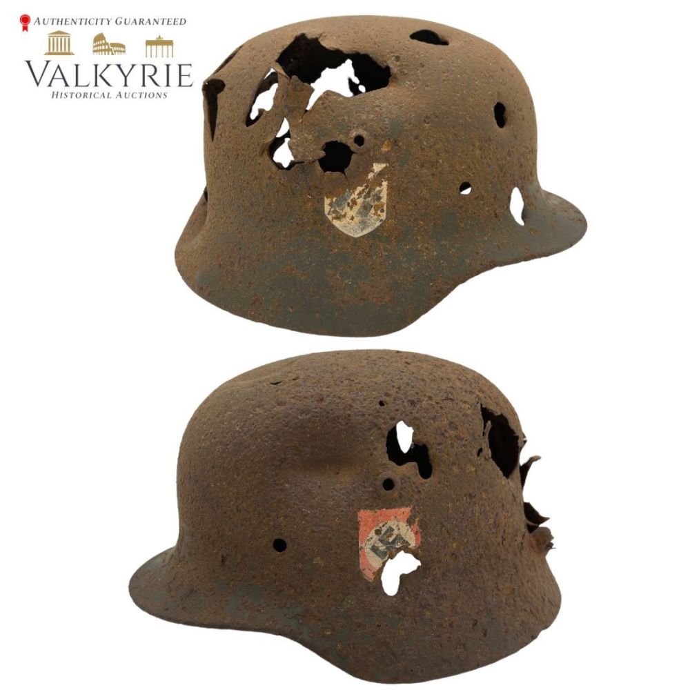 Lot 545: Waffen SS Double Decal M35 Helmet Relic Demyansk Pocket