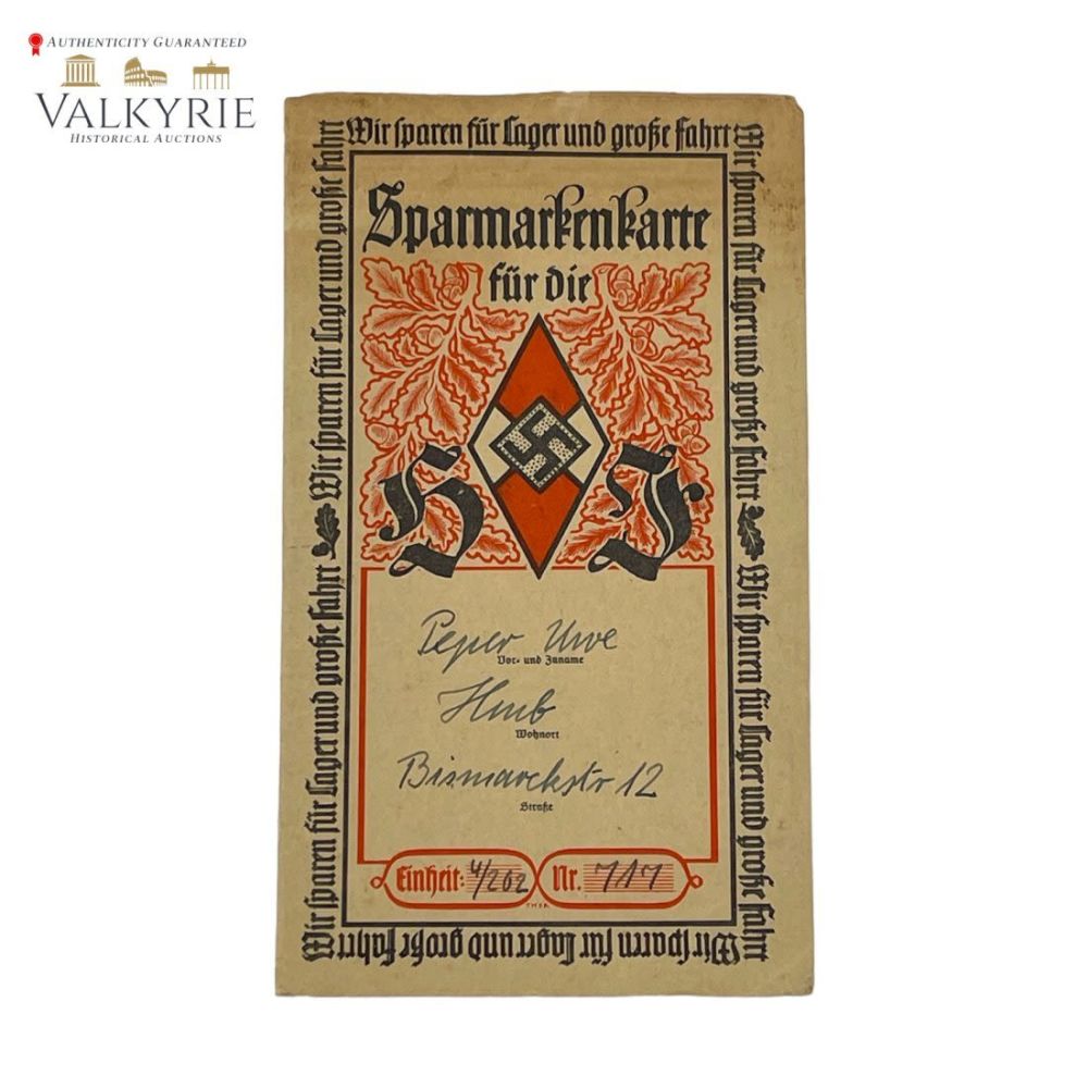Lot 565: Hitler Youth HJ SAVINGS BOOK CARD FOR SPECIAL TRAVEL TRIPS