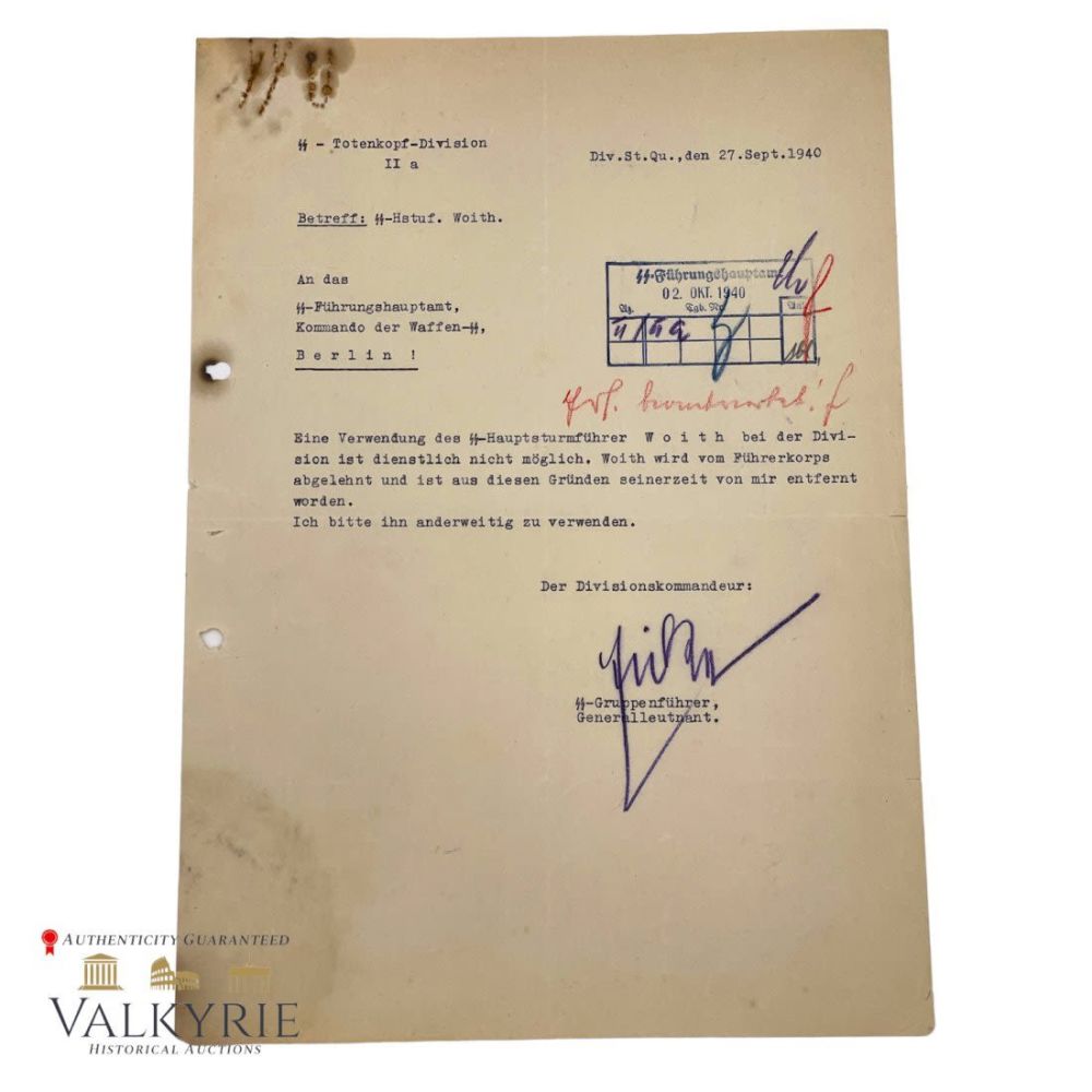 Lot 570: Theodore Eicke Signed SS Totenkopf Division Document