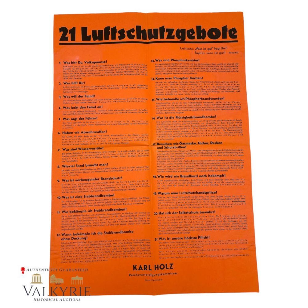 Lot 571: German WWII "21 Air Raid Commandments" Poster