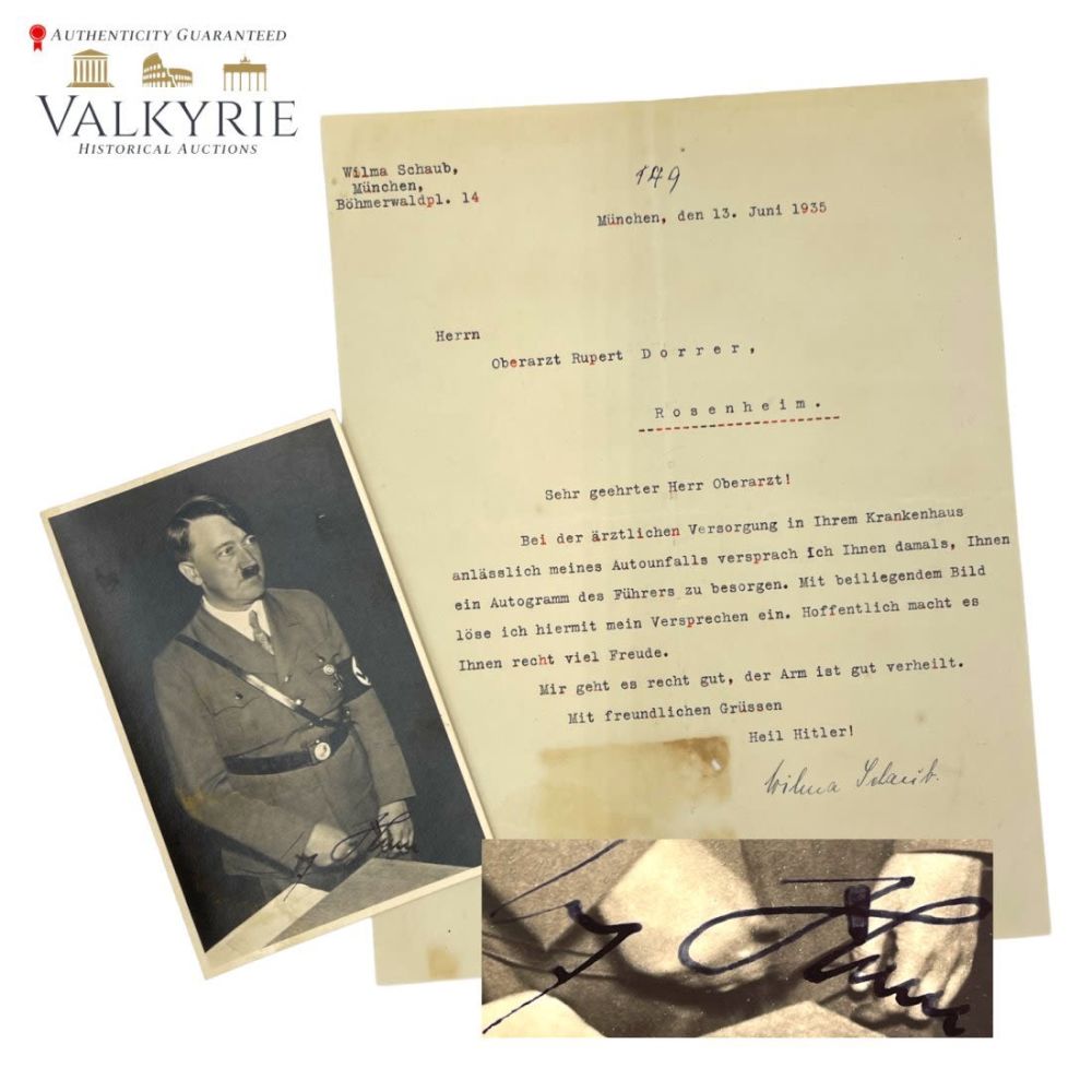 Lot 585: Adolf Hitler Signed Postcard Photo with Letter