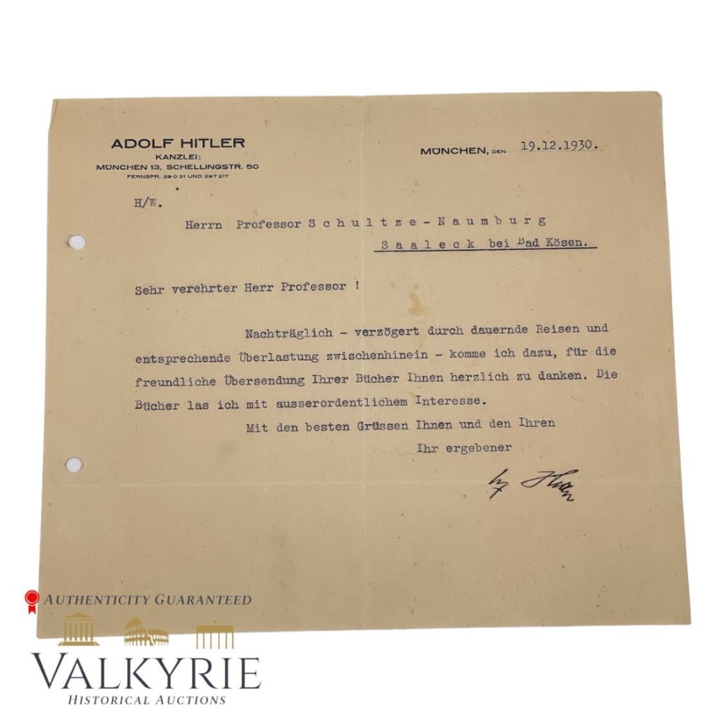 Lot 588: Adolf Hitler Signed Thank You Letter from 1930