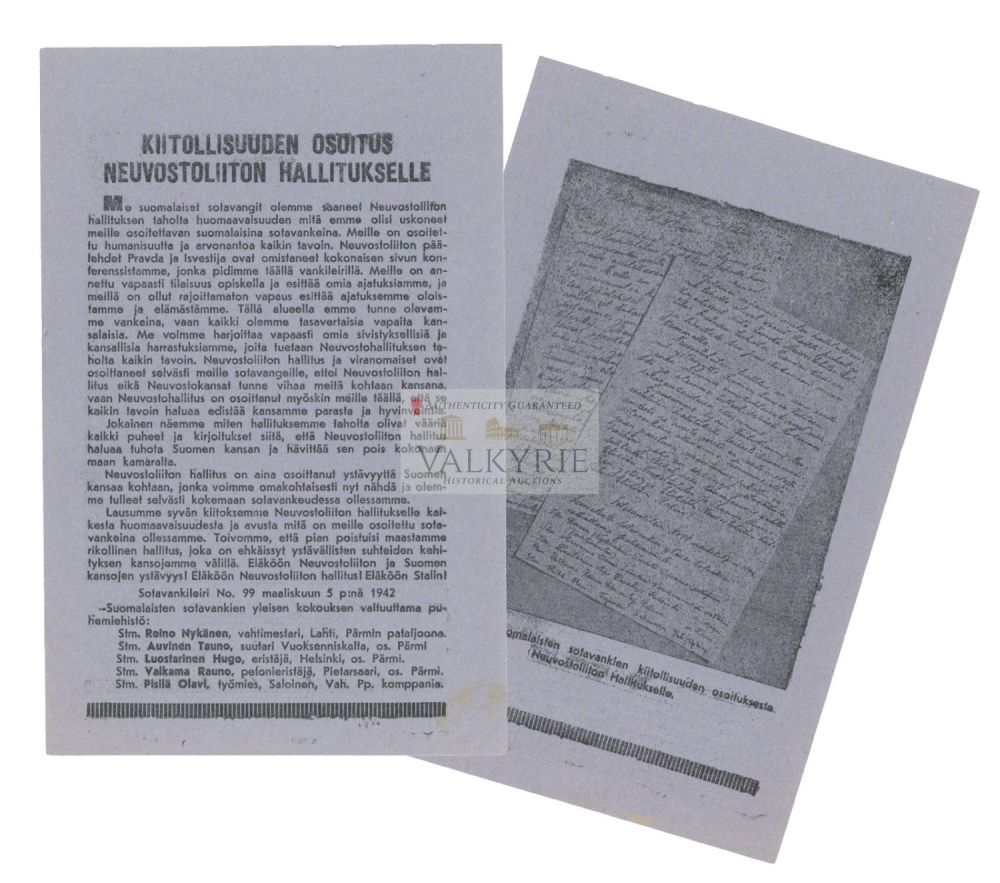 Lot 601: Pro-Russian Finnish War Propaganda Leaflet - "A Gesture of Gratitude to the Soviet Government"