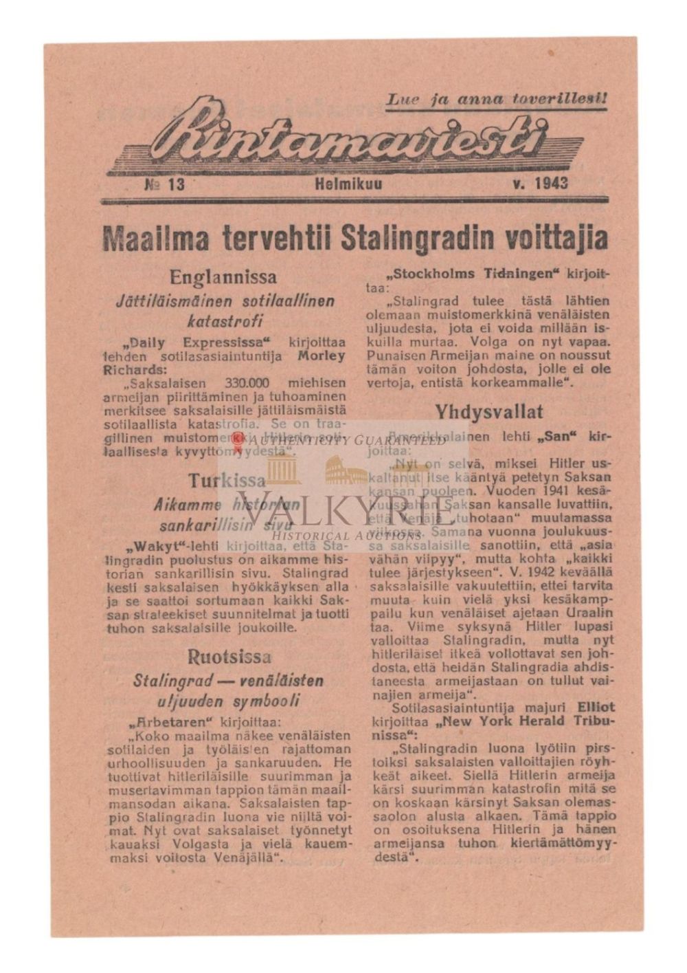 Lot 602: Suomi Pro-Russian War Propaganda Leaflet - "The World Salutes the Victors of Stalingrad"