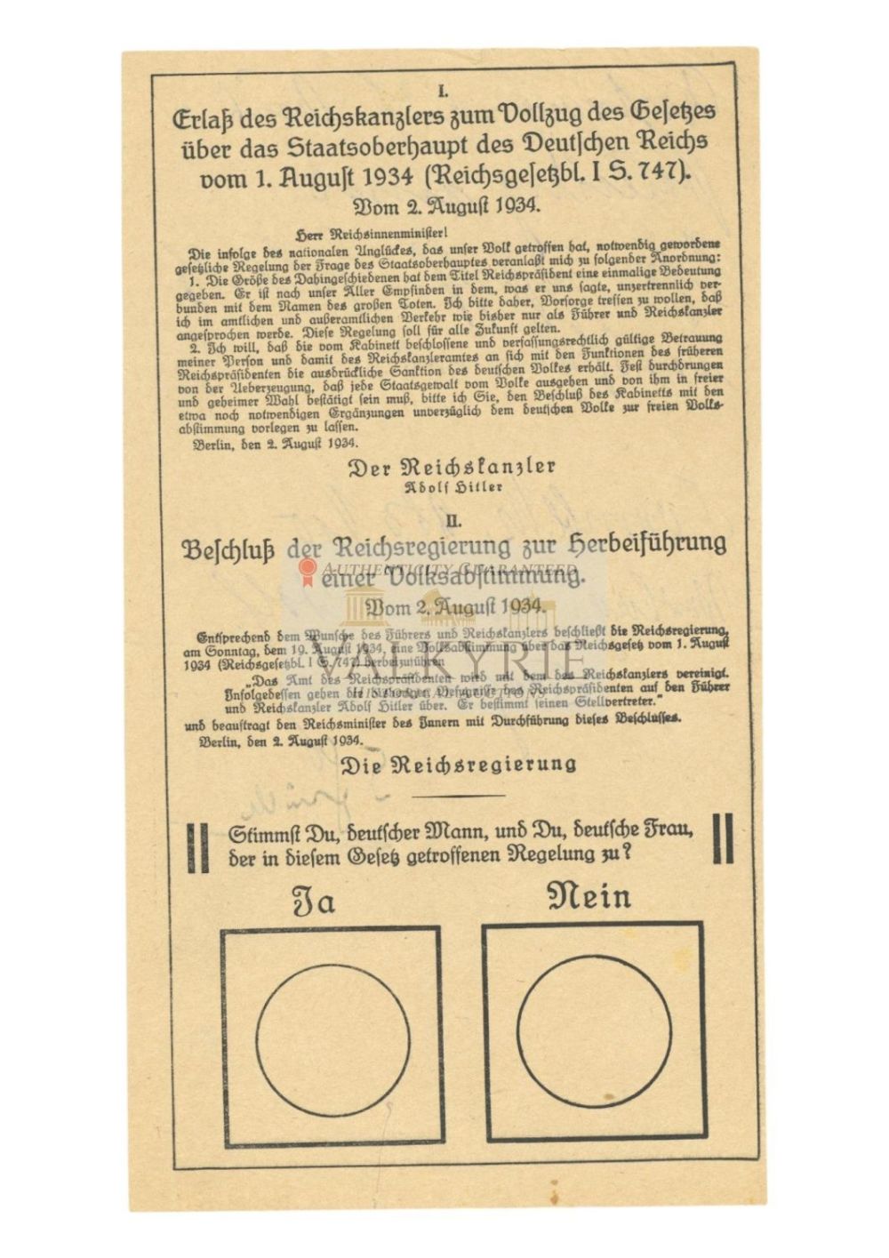 Lot 603: Voting Ballot for the Decree of the Reichs Chancellor for New Law of Head of State of 1. August 1934
