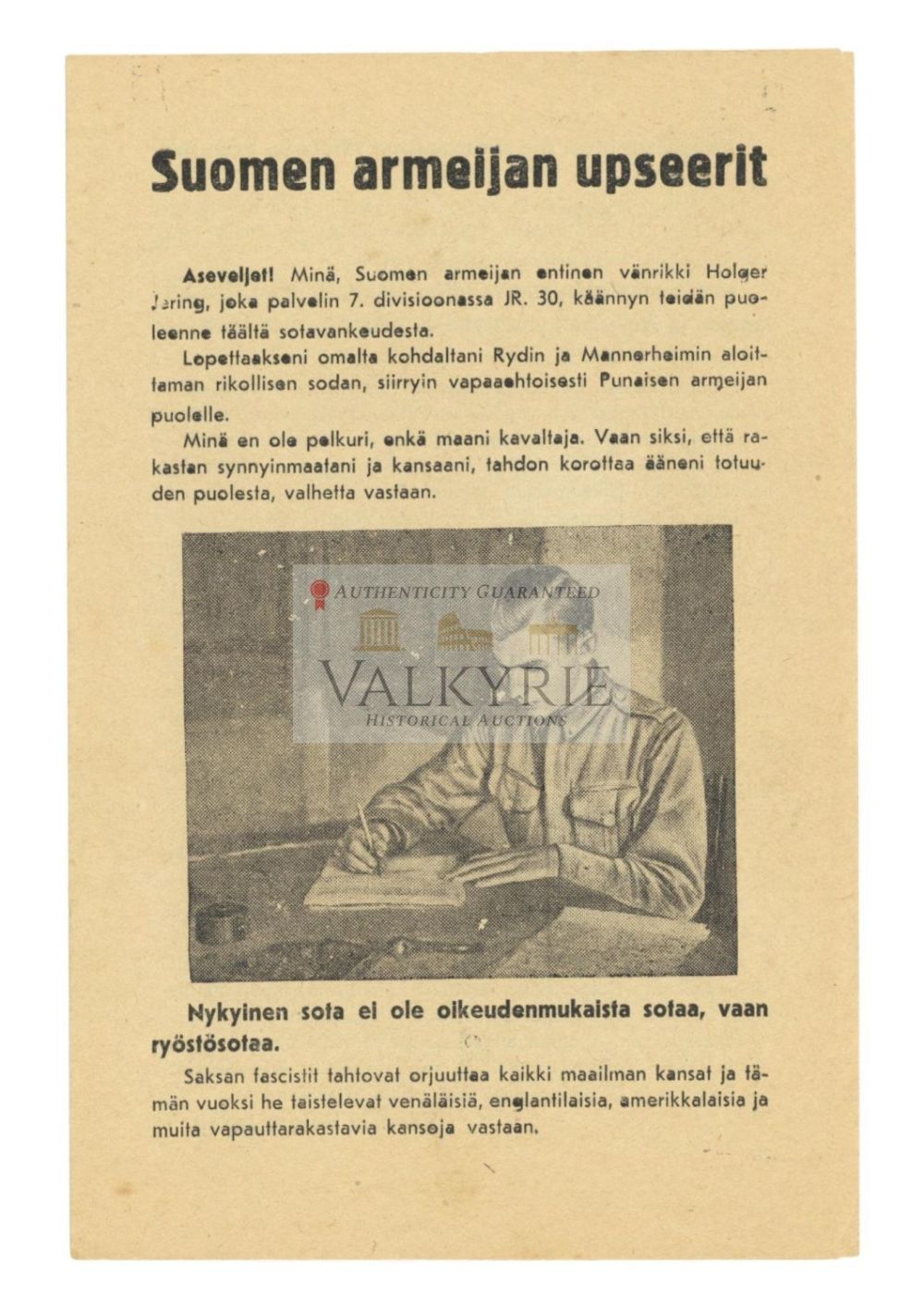 Lot 604: Soviet War Propaganda Leaflet to Encourage Army Officers to Surrender Finnish Army