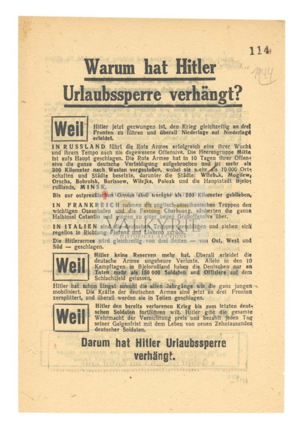 Lot 606: Red Army War Propaganda Leaflet to Encourage German Troops to Surrender - "Vacations Cancelation"
