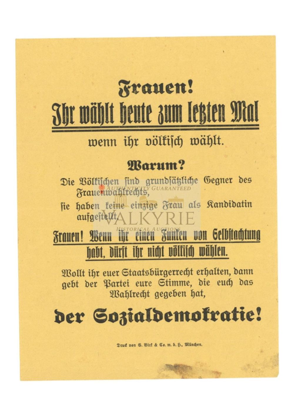 Lot 608: German Socialdemocratic Party Elections Propaganda - "German Women. Don't Vote Voelkisch!"