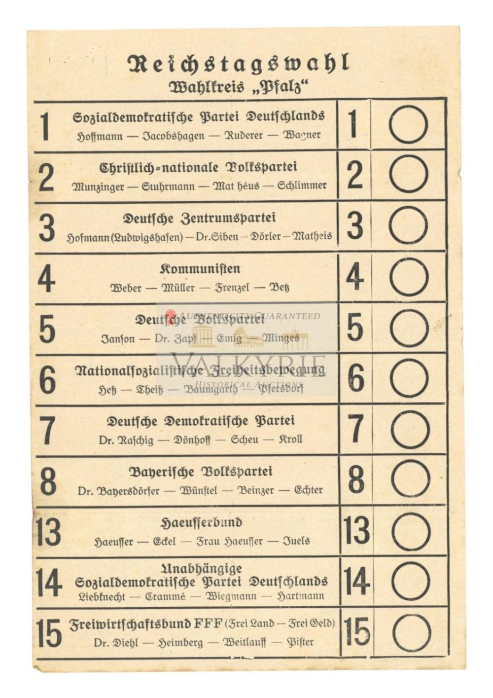 Lot 609: Weimar Republic Period Elections Ballot for Reichtag With Rudolf Hess as Candidate