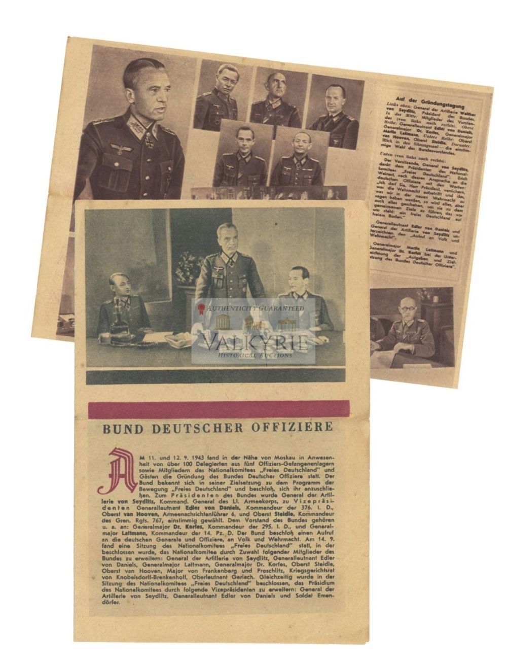 Lot 611: Russian War Propaganda Leaflet About the League of German Officers - High Ranked POWs