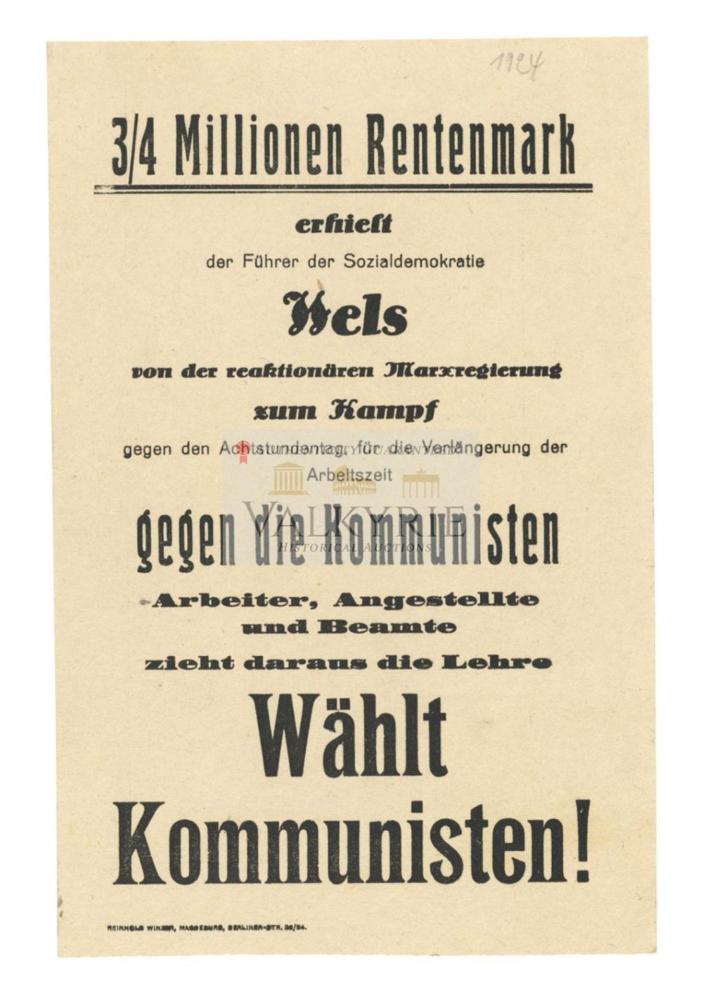 Lot 612: German Communist Elections Propaganda Against Social Democrat Party - "Vote Communists!" 1924