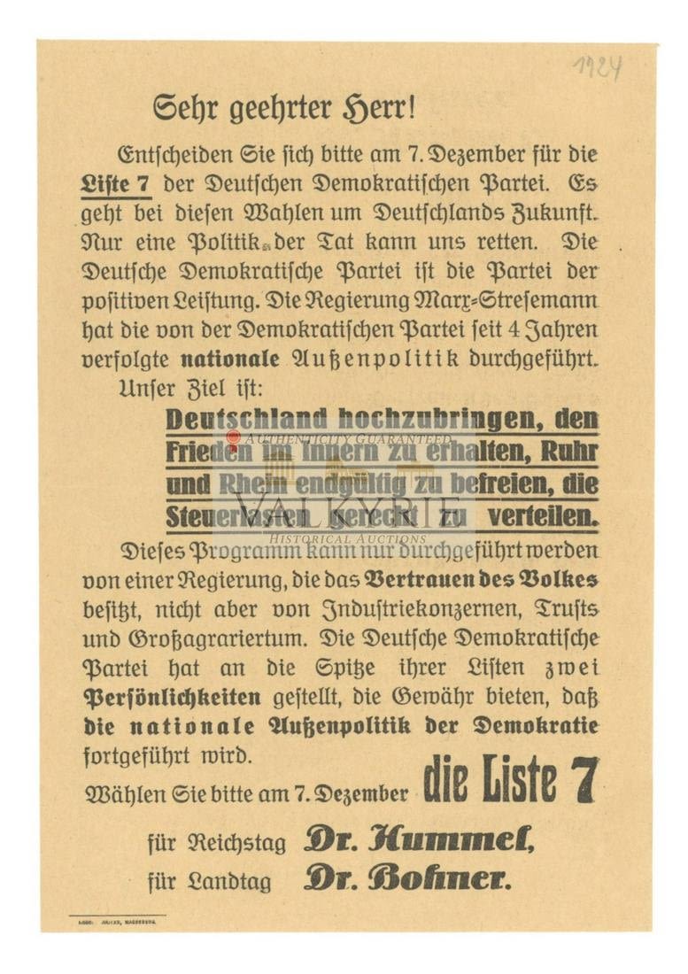 Lot 617: German Socialdemocratic Party Elections Propaganda - "Vote for The List 7!" 1924