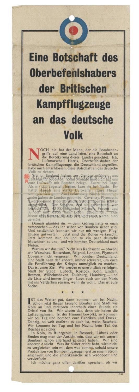 Lot 633: British Informative War Leaflet With Message from RAF for German Population