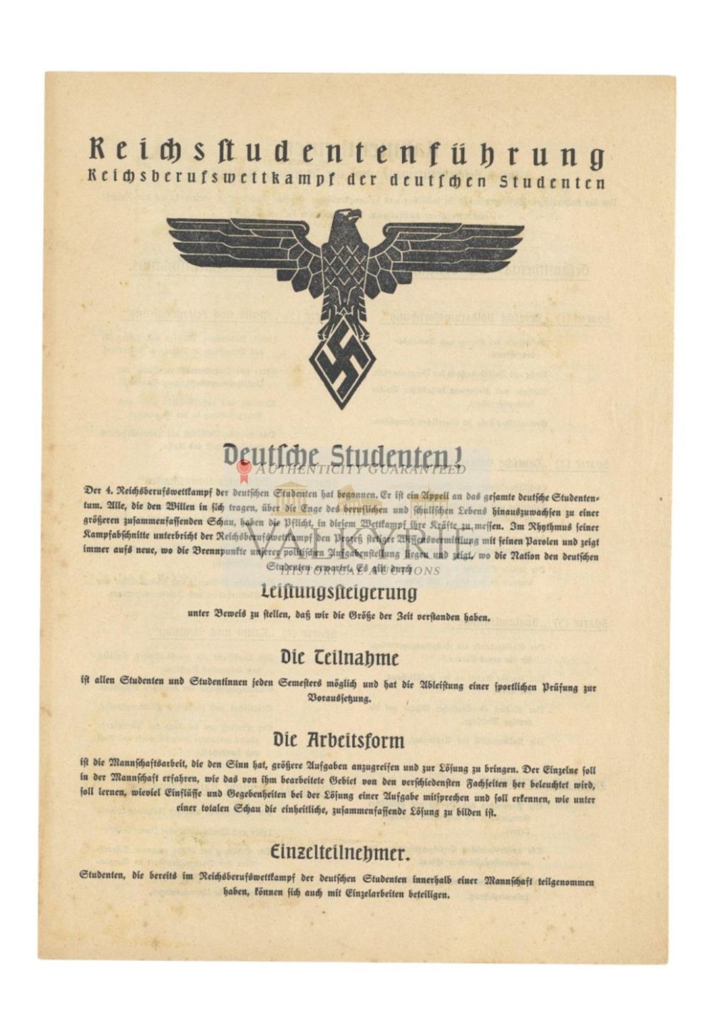 Lot 647: Informative Pamphlet of the Reich Students Direction