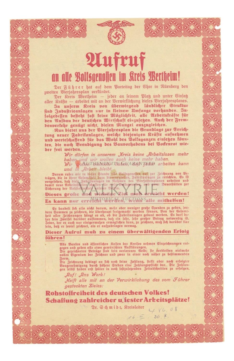 Lot 650: Early III Reich Period Notification Leaflet in Kreis Wertheim About Peoples Effort for 4 Year Plan