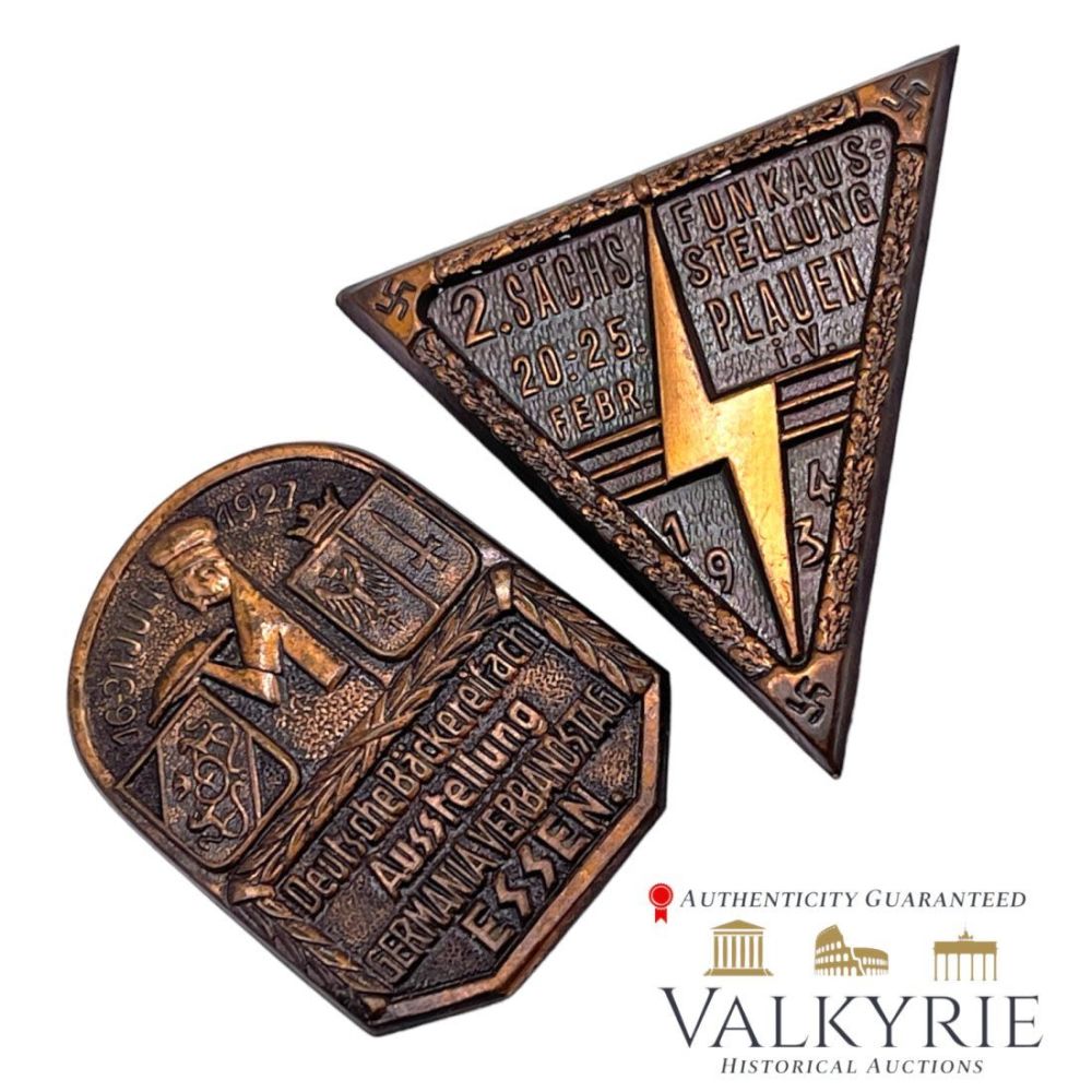 Lot 653: 2 Sachs Funkausstellung Plauen 1934 and  1927 Deutsche Backereifach Essen badges