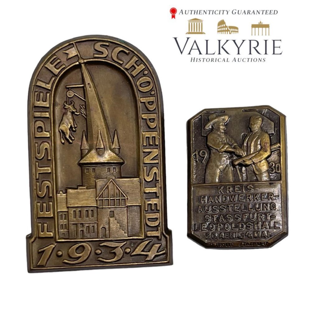 Lot 659: Festungsspiele Schoppenstedt 1934 and 1930 Handwerkerausstellung sStassfurt Lopoldshall badge