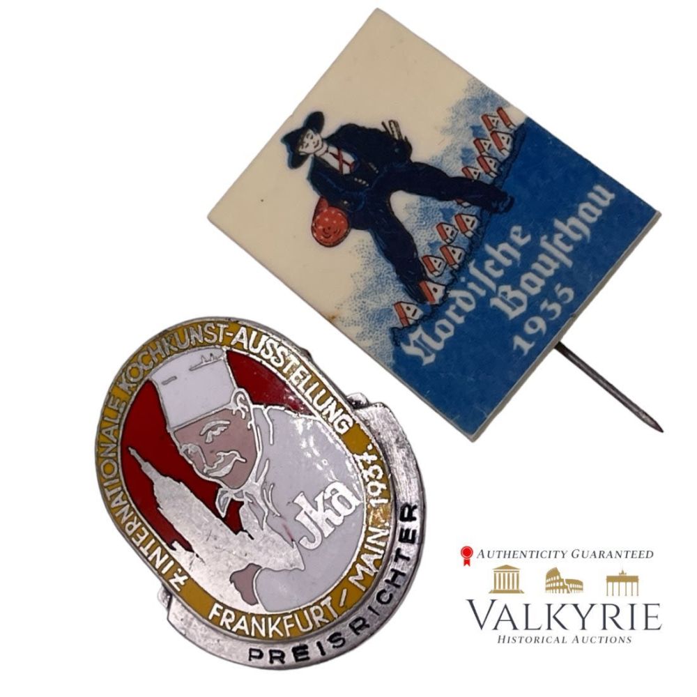 Lot 663: Nordische Bauschau 1935 badge and Internationale Kochkunst Ausstellung Frankfurt 1937 badge